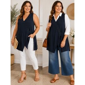 Sun Kim Blue Sleeveless Faux Wrap Tunic Top L